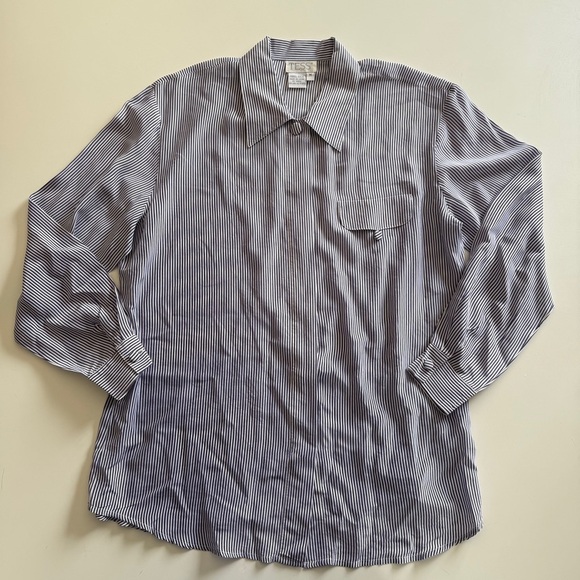 TESS-Vintage-Classic-Blue and White Stripe-Button Down-Blouse-100%-Silk-M - Picture 1 of 14